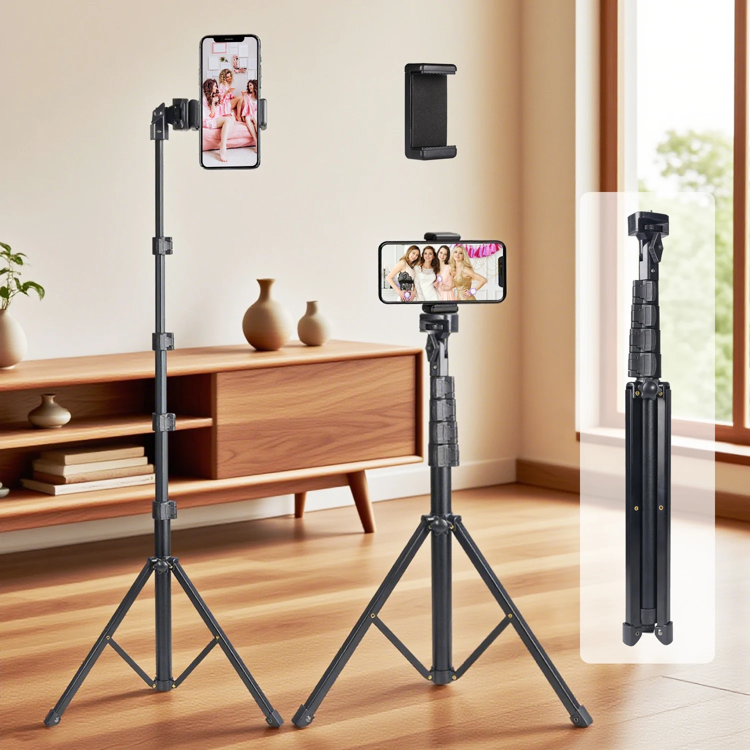 Trépied mobile extensible de 145 cm avec clips – Hauteur réglable de 57,8 pouces, portable et durable pour la photographie en plein air