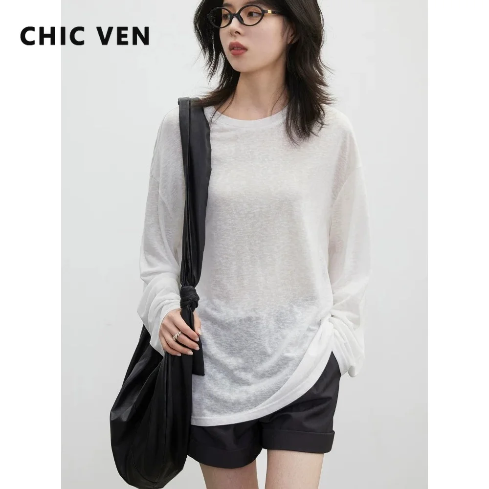 CHIC VEN New Women T-Shirts Loose Casual Cool Feeling Slightly Transparent Long Sleeved Tees Female Thin Blouse Summer 2026