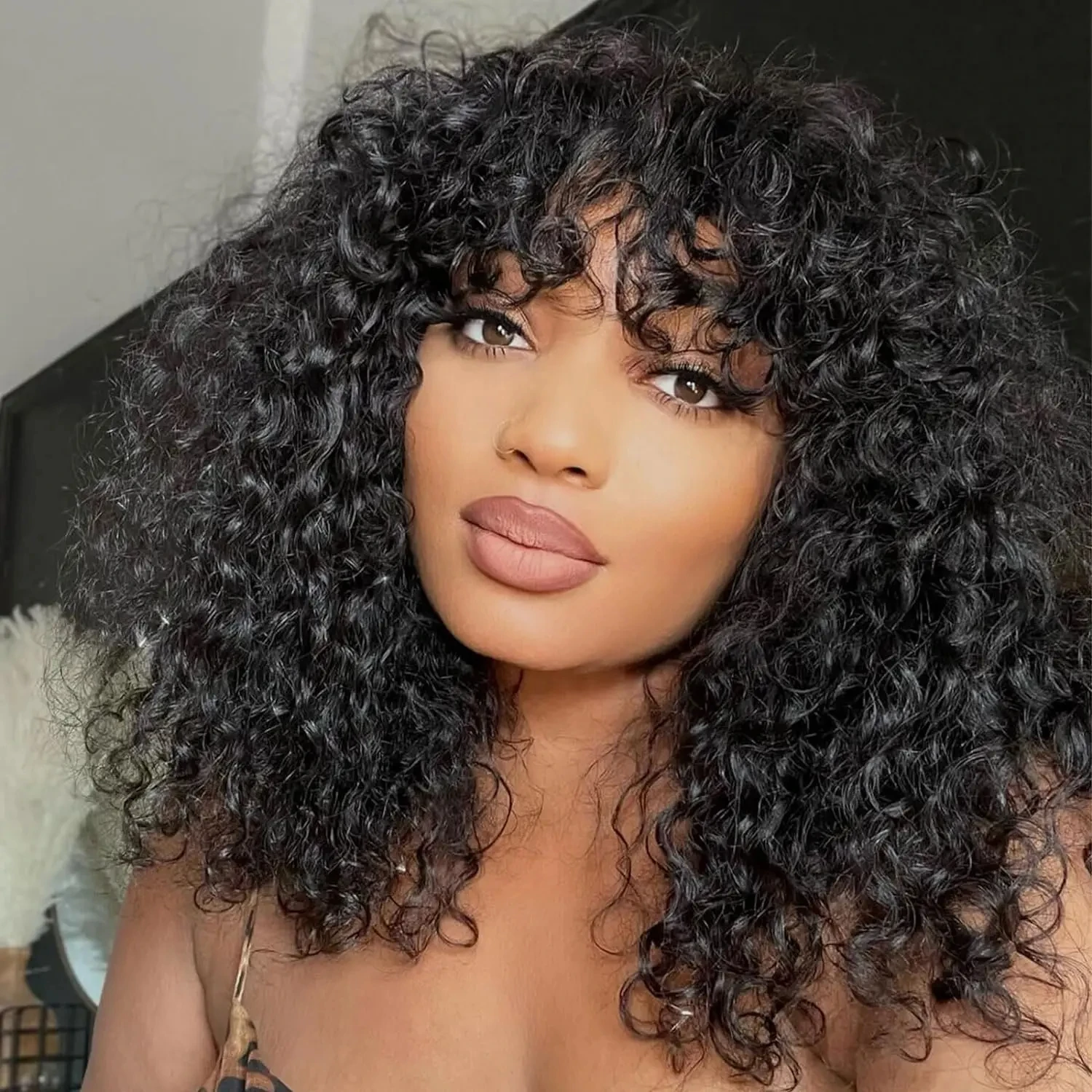 Curly Human Hair Wigs With Bangs 180% Density Water Wave Virgin Human Hair Full Machine Made Curly Wigs For Black Women