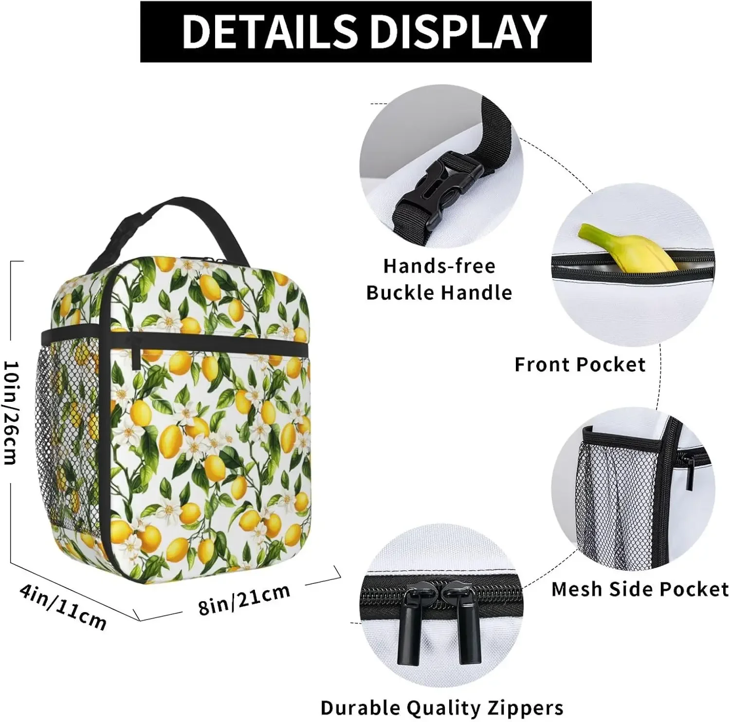 Fun Lemon Lunch Box for Women Adults Kids, Insulated Cooler Polyester Fresh Yellow Lemon Lunch Bag