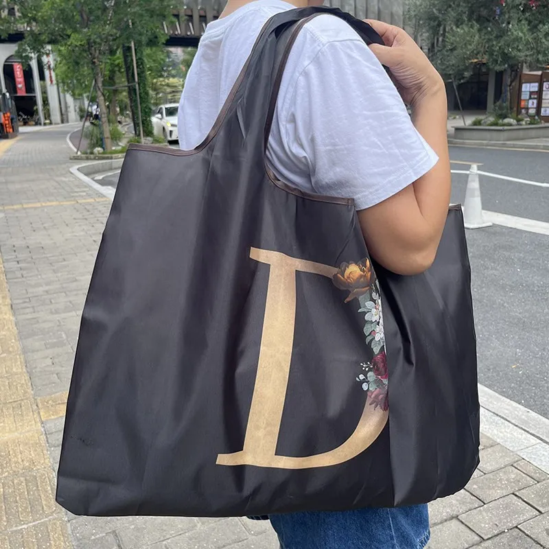 Oversized Solid Color Supermarket Foldable Large Capacity Cloth Tote Bag, Letter Position Printing Foldable Shopping Bag, Nylon