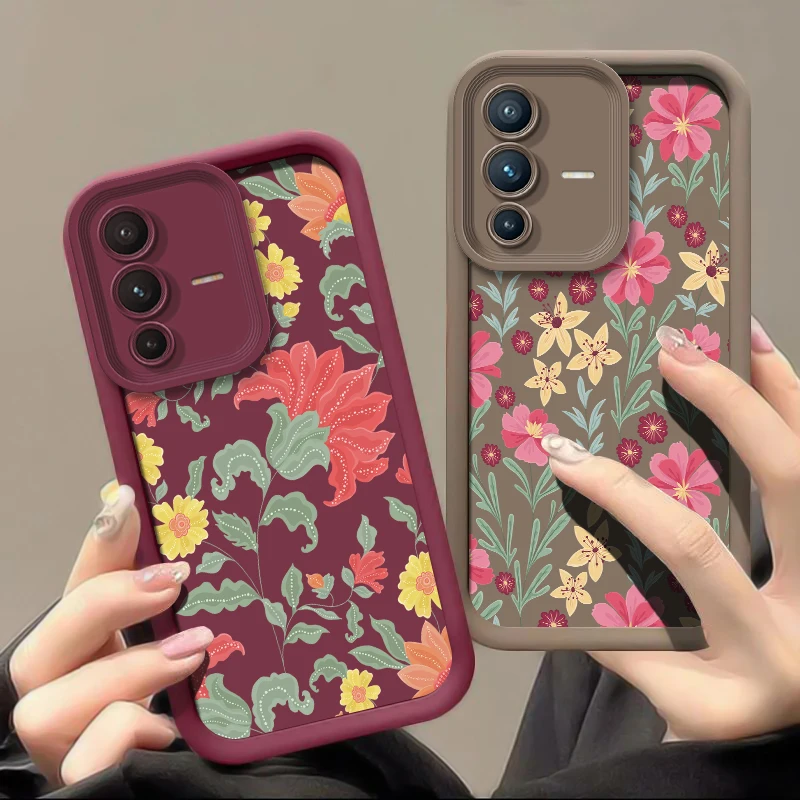 Casing HP V60 Fashion Flower untuk Vivo V27 Pro V25E V23E V27 V40 Pro V50 V29E V25 V30 SE V30E, Anti Benturan, Matte, Soft TPU