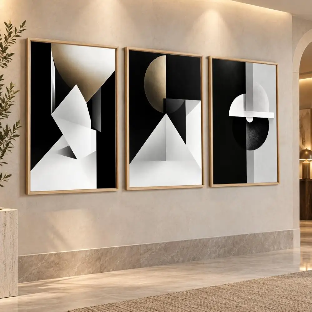 Black Gold Geometric Abstract Painting Calligraphy Canvas Prints Set of 3 Wall Art for Living Room Decor Vintage Fashion Decals