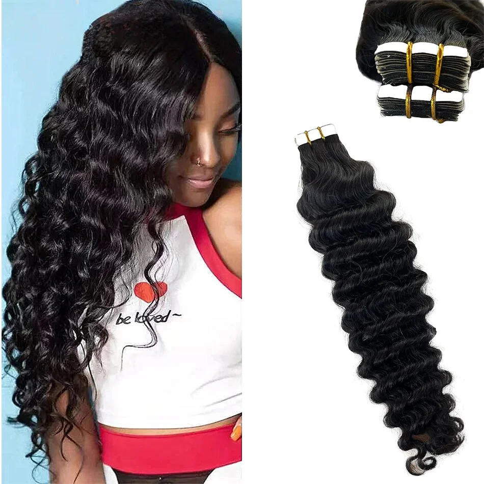 Black Water Wave Tape in Human Hair Extension Brazilian Hair Skin Weft Tape in Curly Human Hair Deep Wave 20pcs 50g 16-26inch