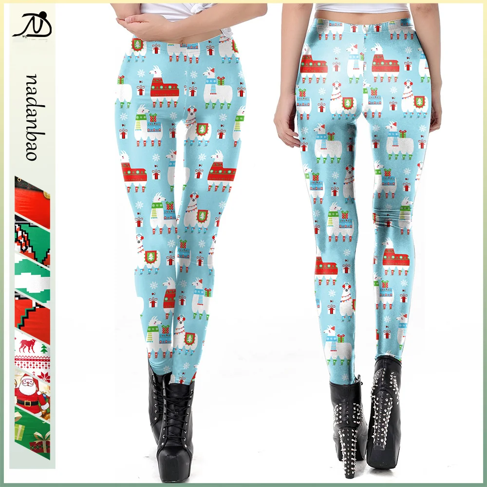 Nadanbao Blue Digital Printing Christmas Leggings Women Elastic Tights Funny Trousers Female Sexy Holiday Party Long Pants