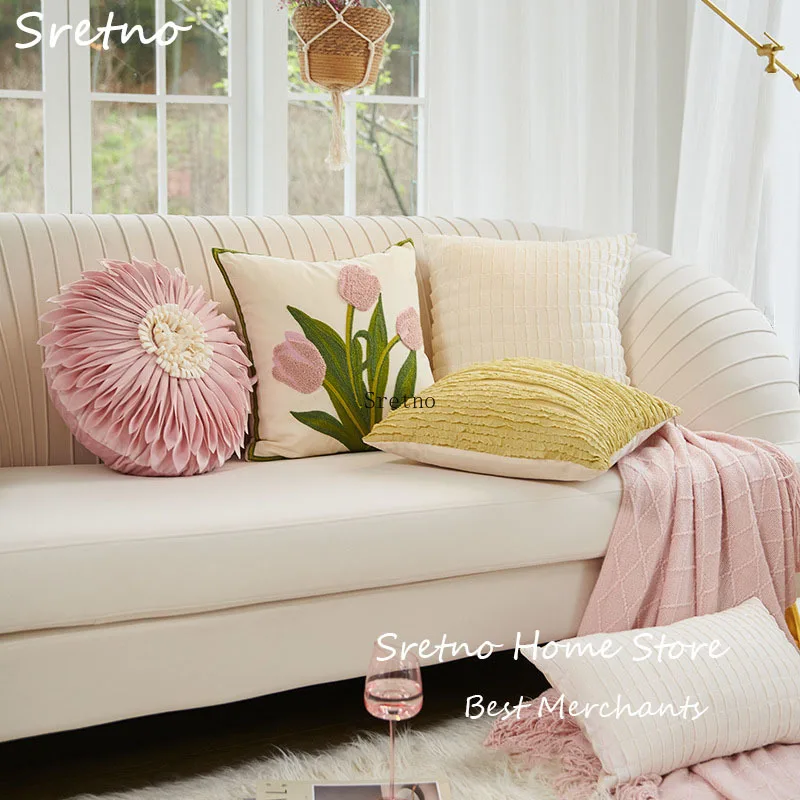

Sretno Nordic Modern Pillow Tulip Pink Cushion Flower Embroidery Living Room Sofa Cushion Pillow Home Decorations Chair Cushions