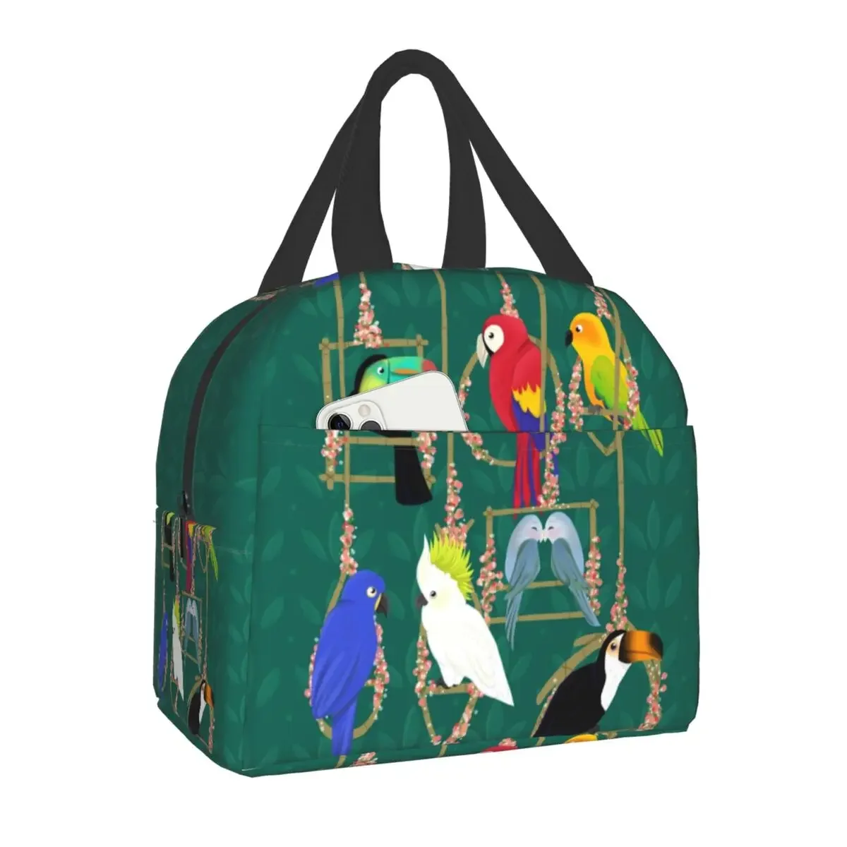 Tropical Getaway Parrot Birds Lunch Bag Portable Cooler Warm Insulated Lunch Box for Women Kids School Tote Picnic Storage Bag