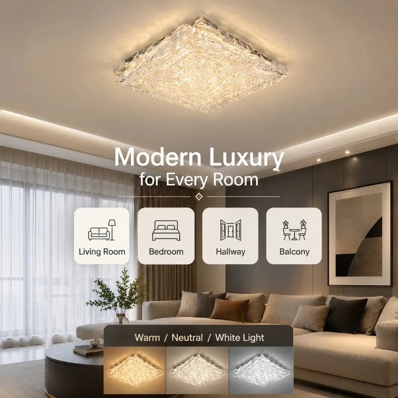French Light Luxury Square Crystal Ceiling Light Stainless Steel Eye-Care Tri-Color Dimmable for Living Room Balcony Bedroom