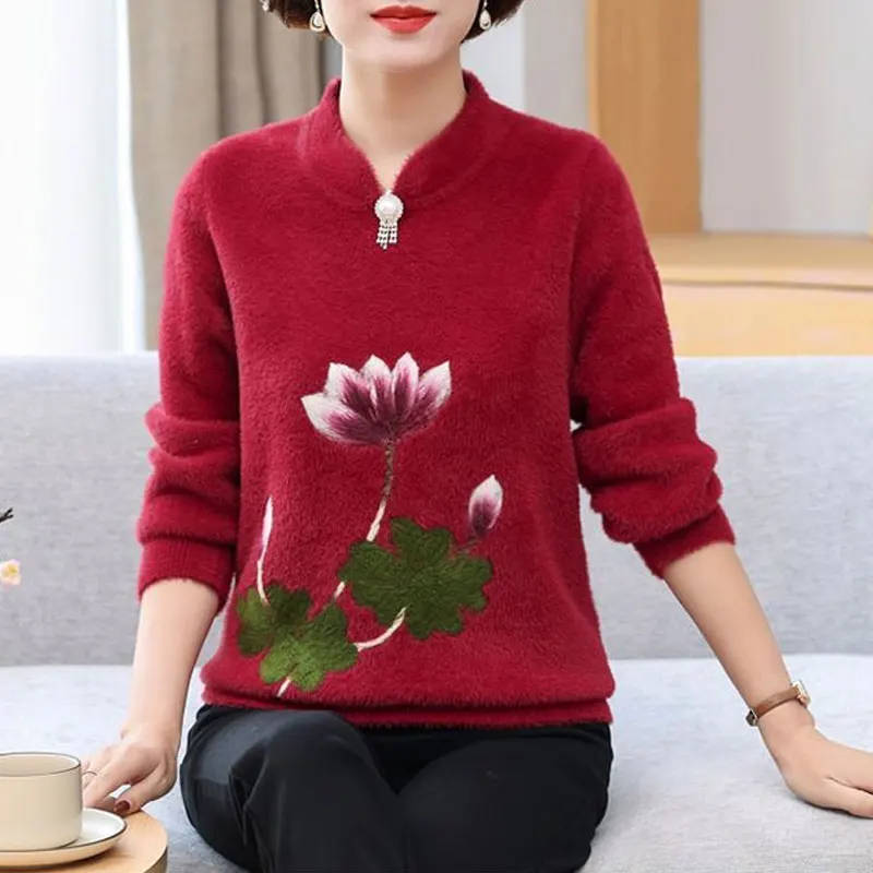 Folk Stylish Floral Embroidery Sweaters Autumn Winter Casual Stand Collar Female Chic Pearl Three-dimensional Decoration Jumpers