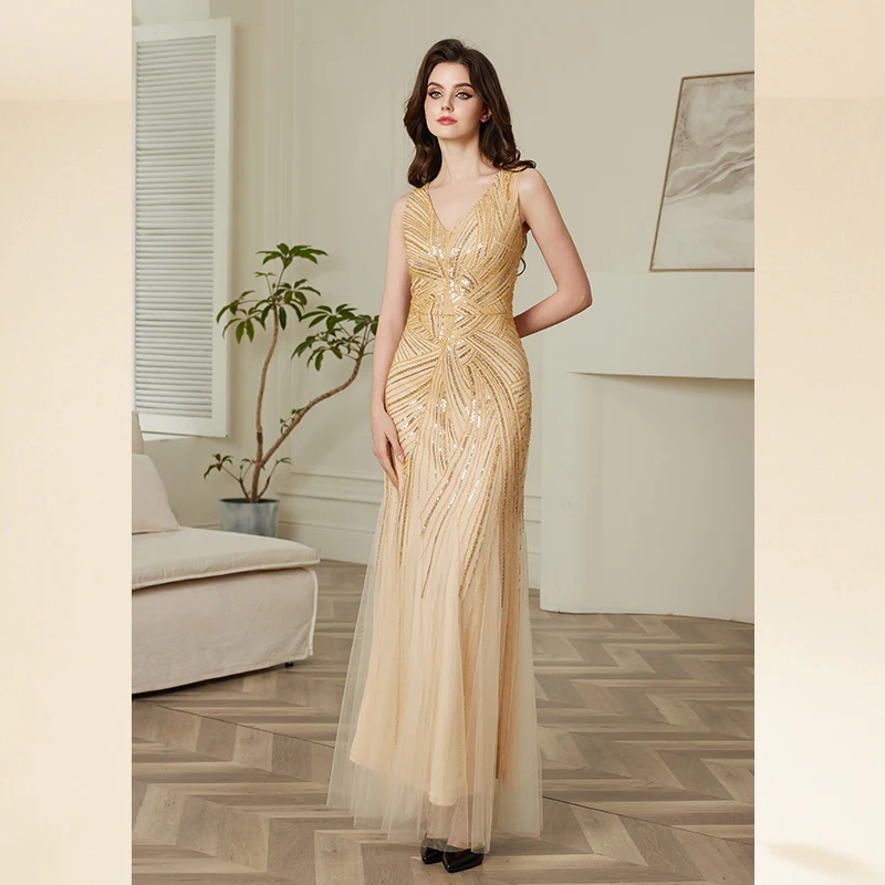 ชุดราตรีแฟชั่นหรูหราเอว Cinching ลึก V คอชุดปาร์ตี้เลื่อมประดับด้วยลูกปัดชุดราตรียาวชุดปาร์ตี้