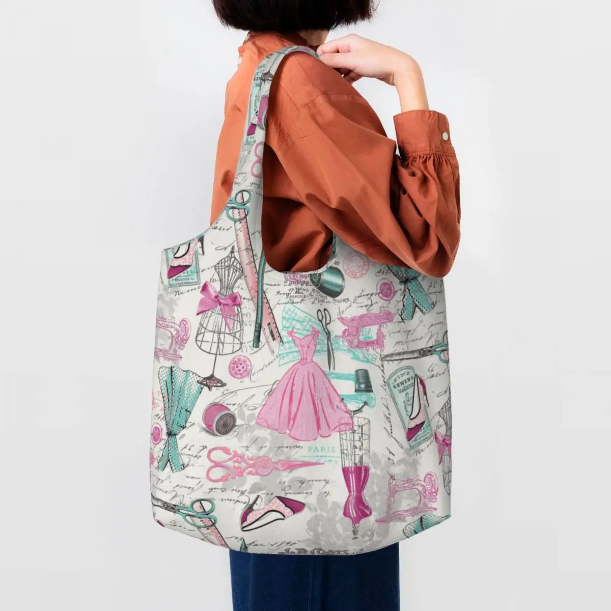 Personalizado Bonjour Paris Vintage confección rosa compras bolso de lona mujeres portátil de gran capacidad comestibles Shopper bolsas de mano