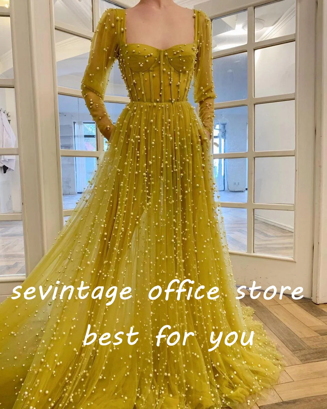 Sevintage Gaun Prom Mutiara Manik-manik Kuning Gaun Malam A-Line Sweetheart Lengan Panjang Gaun Pesta Formal dengan Saku 2022