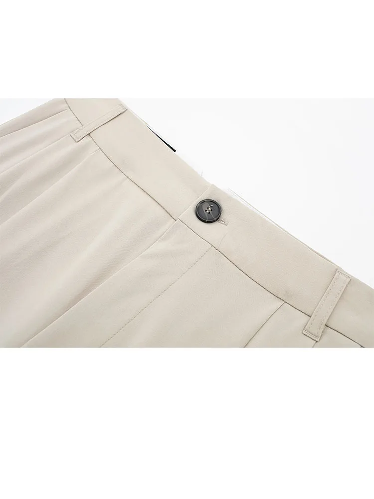 กางเกงทำงานผู้หญิงทรงเรโทรเอวสูงแบบมีซิป แต่งกระเป๋าจีบ ขากว้าง เหมาะสำหรับใส่ทำงานหรือใส่เที่ยวช่วงฤดูร้อน