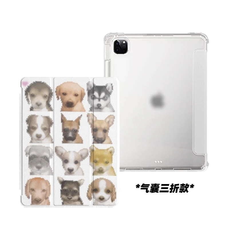 Ins Pixel Blurred Nine Grid Puppy Cartoon Cute For iPad Case iPad 10 9 8 7 Air 5 4 3 2 Pro 11 Mini Three Fold Transparent Cover