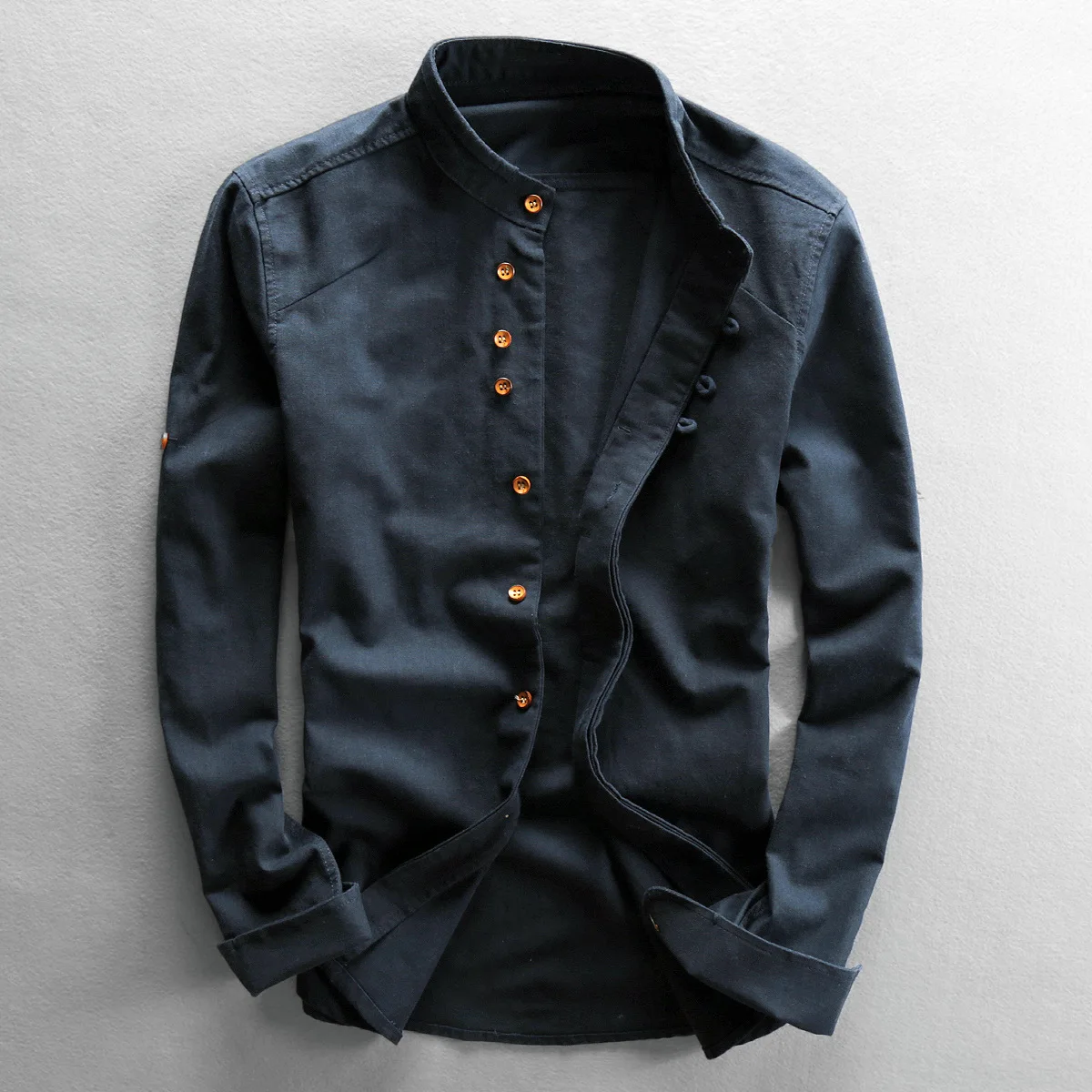 Japan Style Mens Linen Cotton Shirt Harajuku Stand Collar Long Sleeve Slim Fit Solid Color Breathable Casual Streetwear Tops
