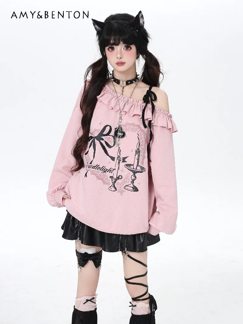 

Original Sweet Bow-tie Off-shoulder Long-sleeve Tie-up Loose Versatile Sweatshirt College Style Cute Casual Oversized Sweatshirt