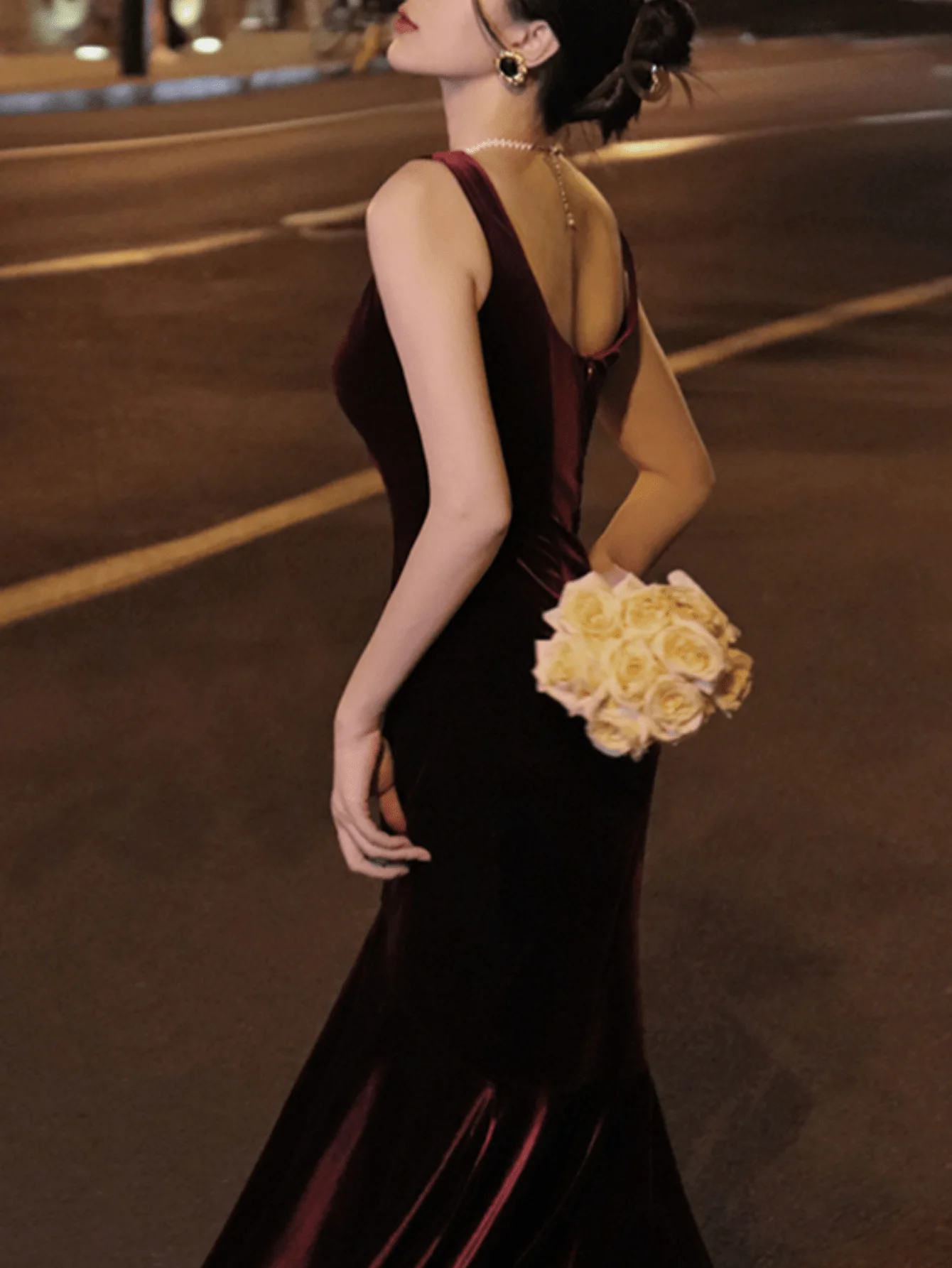 

French Style Vintage Burgundy Sling Midi Dresses Spring Autumn Solid Slim Mermaid Dress Ladies Wedding Evening Party Robe New