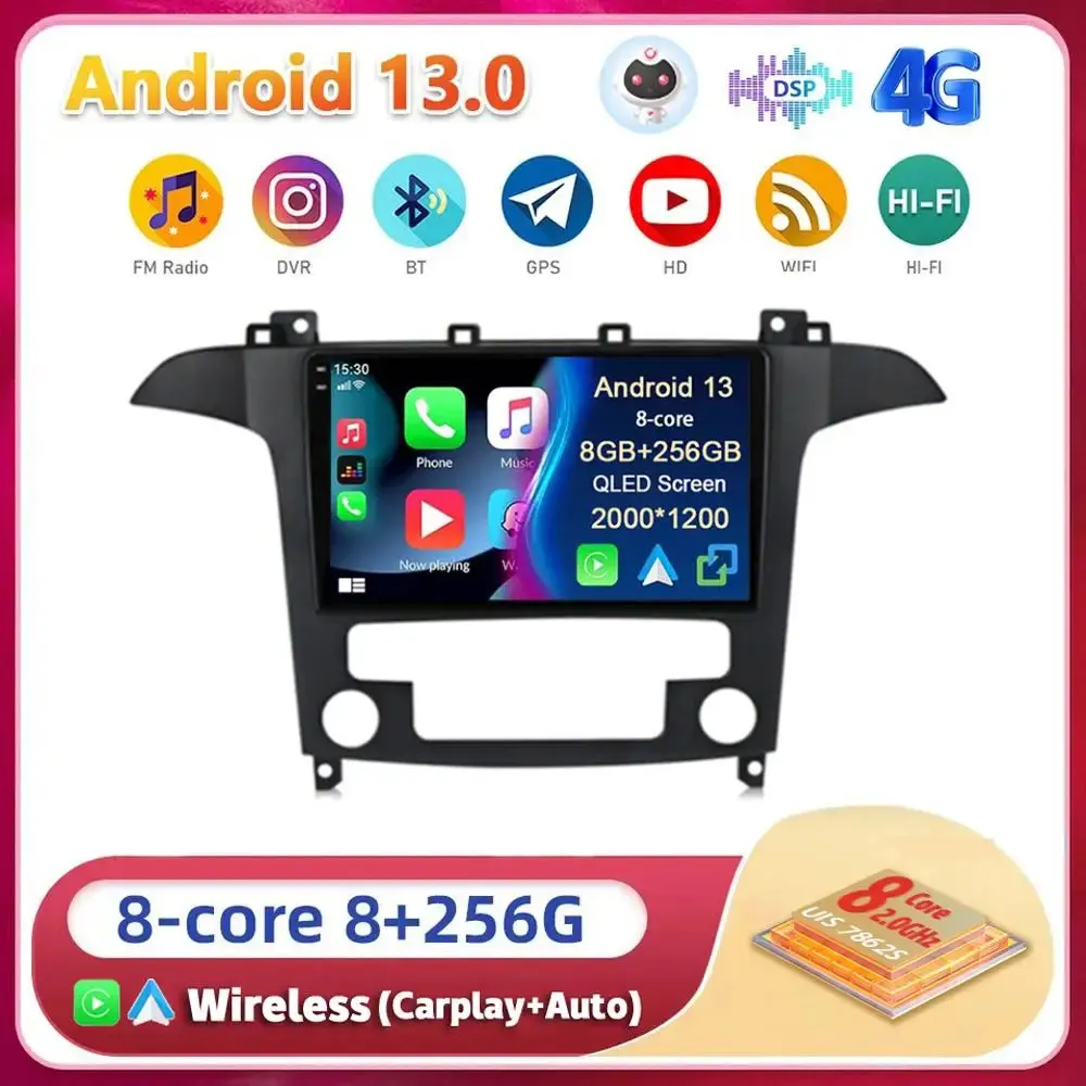 

Android13 Carplay Auto For Ford S Max S-MAX 2007 2008 2009 2010 2011 - 2015 Multimedia Car Radio Player Video WIFI+4G DSP Stereo