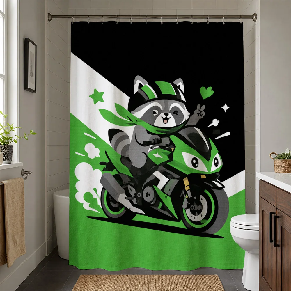 Cute Raccoon Riding Motorcycle Shower Curtain Bathroom Decor Fun Pop Art Style Shower Curtain