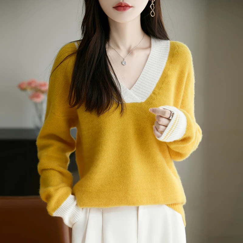 

Новый женский свитер из 100% шерсти с v-образным вырезом, цветные блокированные вязаные утягивающие трендовые весенне-осенние женские пуловеры с длинными рукавами