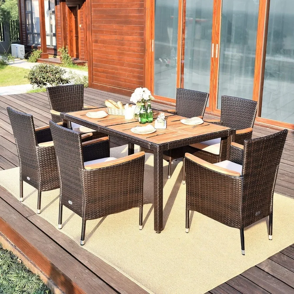 

7 PCS Patio Dining Set, Garden Sets W/Acacia Wood Table Top, Stackable Chairs with Soft Cushion, Outdoor Furniture Dining Set