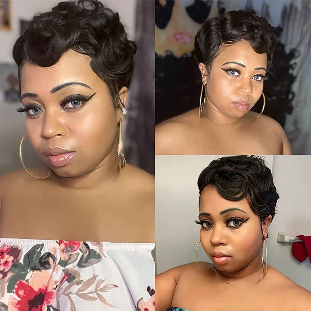 フィンガーウェーブカーリーウェーブピクシーカットウィッグ 女性用 150%密度 6インチ人毛ウィッグ 女性用 フルマシンメイドウィッグ