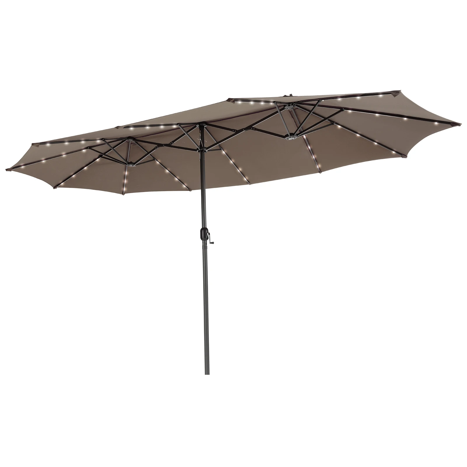 15FT Twin Patio Double-Sided Umbrella 48 Solar LED Lights Crank Outdoor Coffee