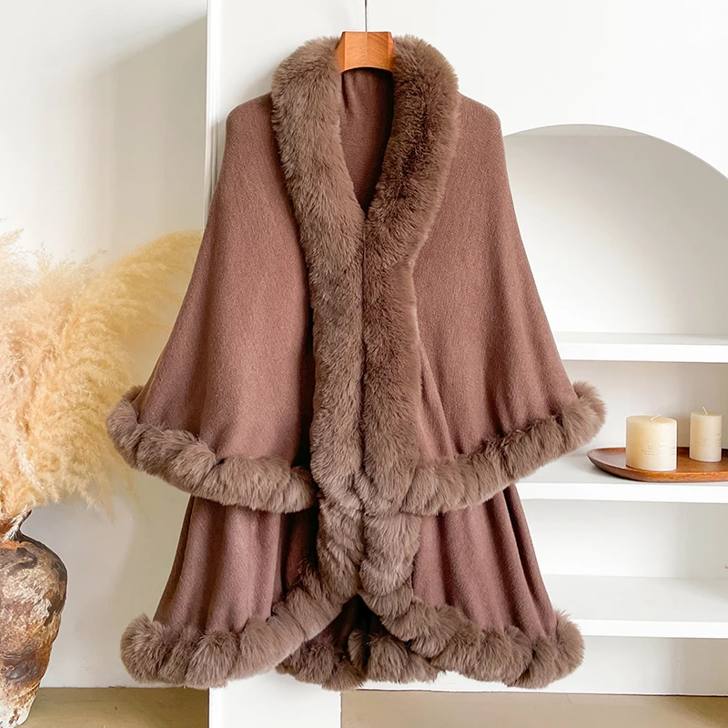 Neuer Winter-Umhang aus verdickter Nerzwolle mit vollen Borten, Kunstpelz-Umhang – Damen-Umhang mit Kapuze, lockerer Fleece-Umhang, Mantel, Partykleid, warm – Detail 8