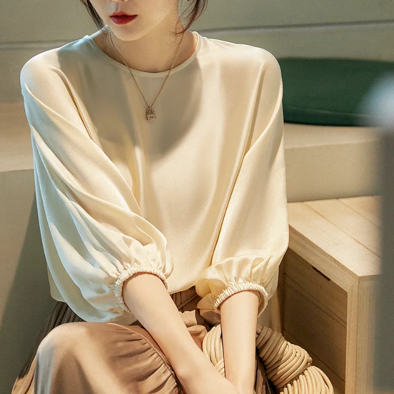 Office Lady Solid Color Tops Korean Fashion O-Neck Shirt Elegant Summer Batwing Sleeve Silk Satin Shirt Loose Clothes 27195