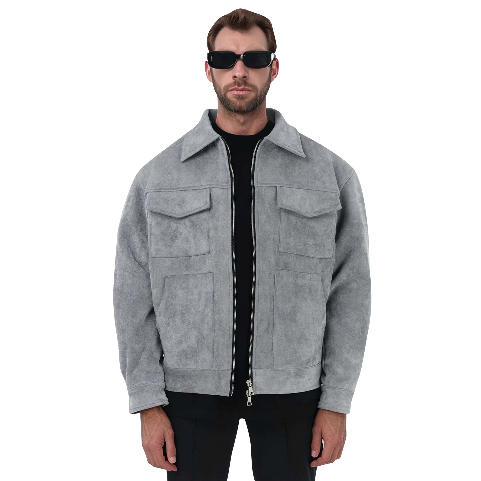 

Новая модная осенне-зимняя повседневная куртка свободного покроя с длинным рукавом и карманами на молнии, замшевая ткань, однотонная мужская куртка свободного покроя