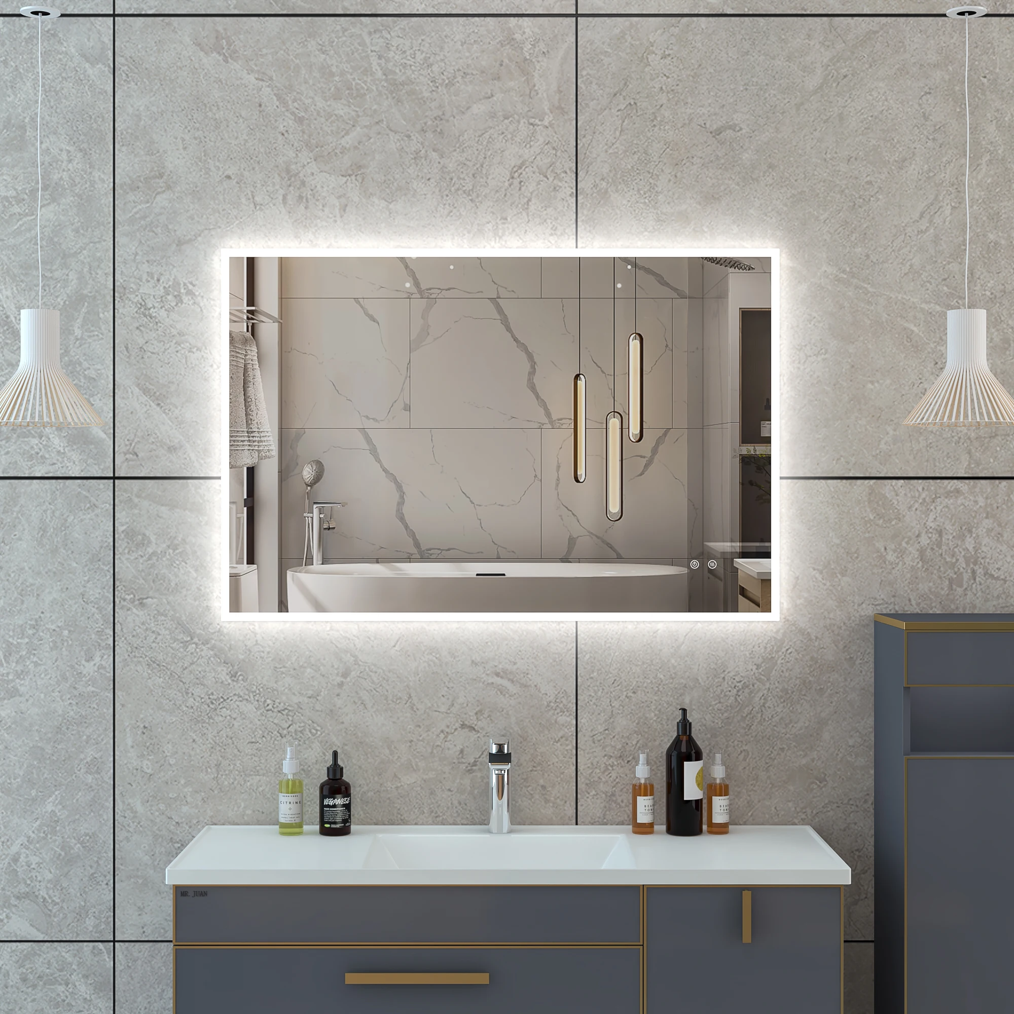 

Custom Luxury Smart Hotel Bath Mirrors Frameless Wall Mounted Anti Fog Led Light Bathroom Mirror