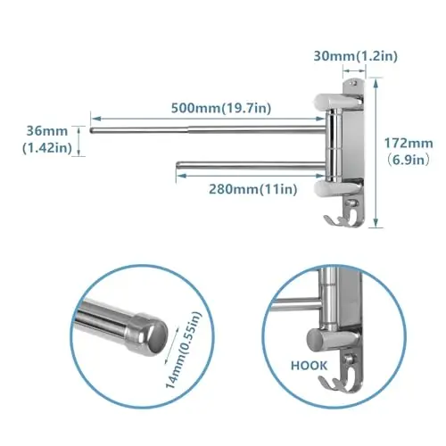 

Dual-Arm Rotating Wall-Mounted Towel Rack, SUS304 Stainless Steel, Adjustable Length, 36mm Rod Diameter