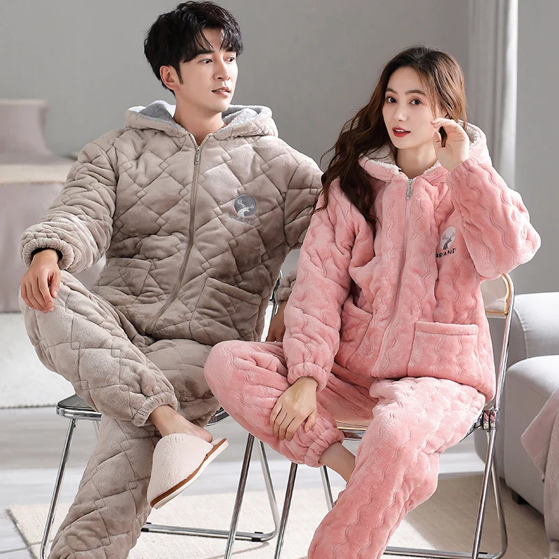 Couple Pajamas Set Winter 3 Layer Clip Cotton Pyjamas Lovers Thick Warm Hooded Home Clothing