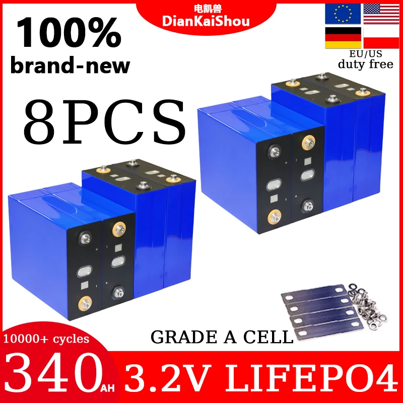 8pcs 10000+ cycles 340Ah LiFePO4 Battery 3.2V Rechargeable Lithium Iron Phosphate DIY 12V 24V RV EV Golf Cart Grade A Cells