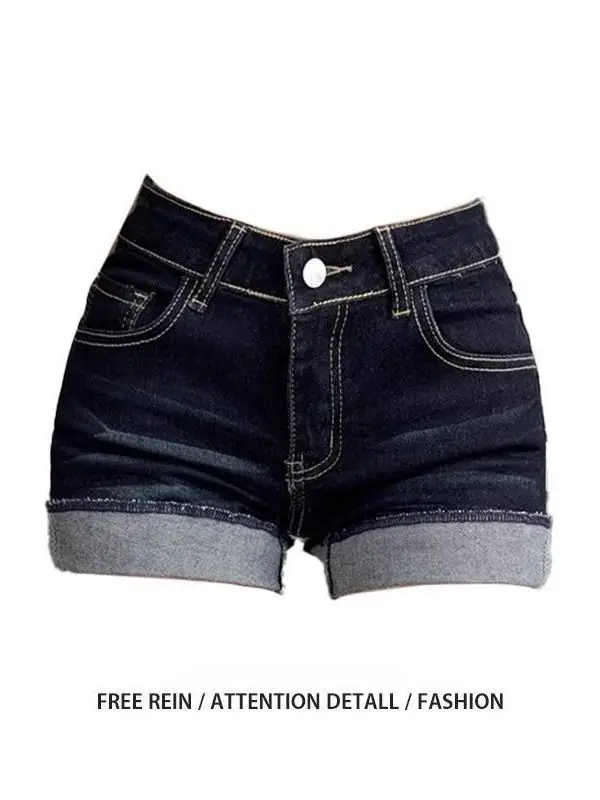 

Sexy American Flip Denim Shorts Summer Style Spicy Girl Low Waist Slimming Blue Grey Elastic Straight Leg Tight Hot Pants