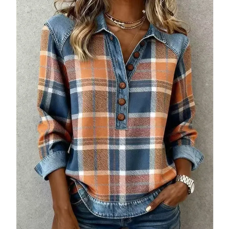 Women's Blouses 2026 New 3D Printed Color Block Denim Sweater Women Casual Loose Long Sleeve Lapel Pullover Top Elegant T-shirt