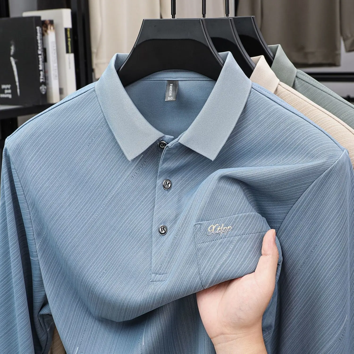 Men's Striped Print Long Sleeve Polo Shirt Premium Embroidered Real Pocket Turn Down Collar Versatile Fall Tops for Dad