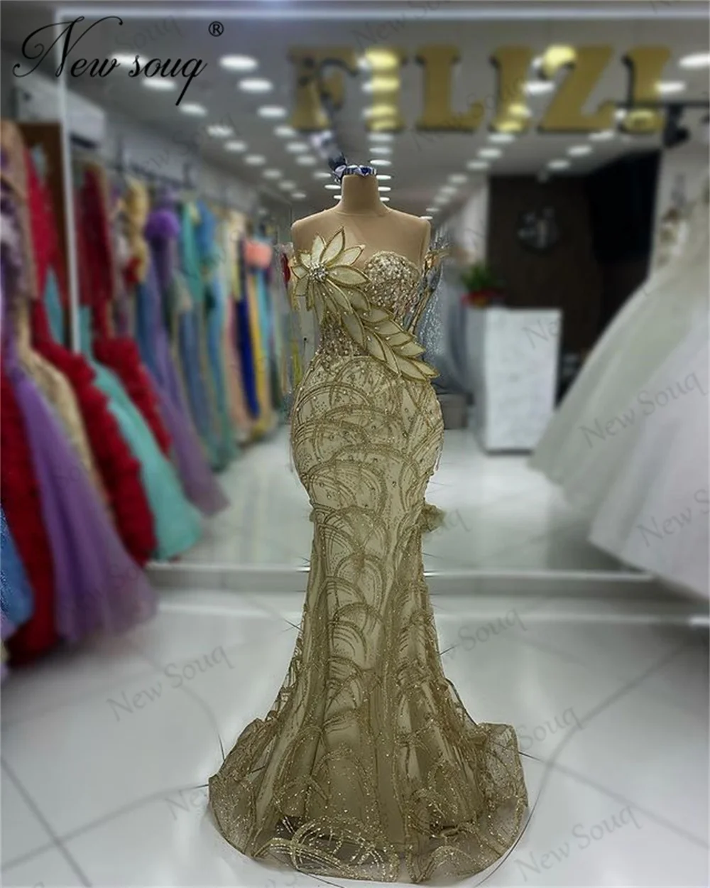 Robes De Soiree Gold Beaded Evening Dresses Elegant Mermaid Strapless Women Prom Gowns Custom Made Dubai Wedding Party Dress