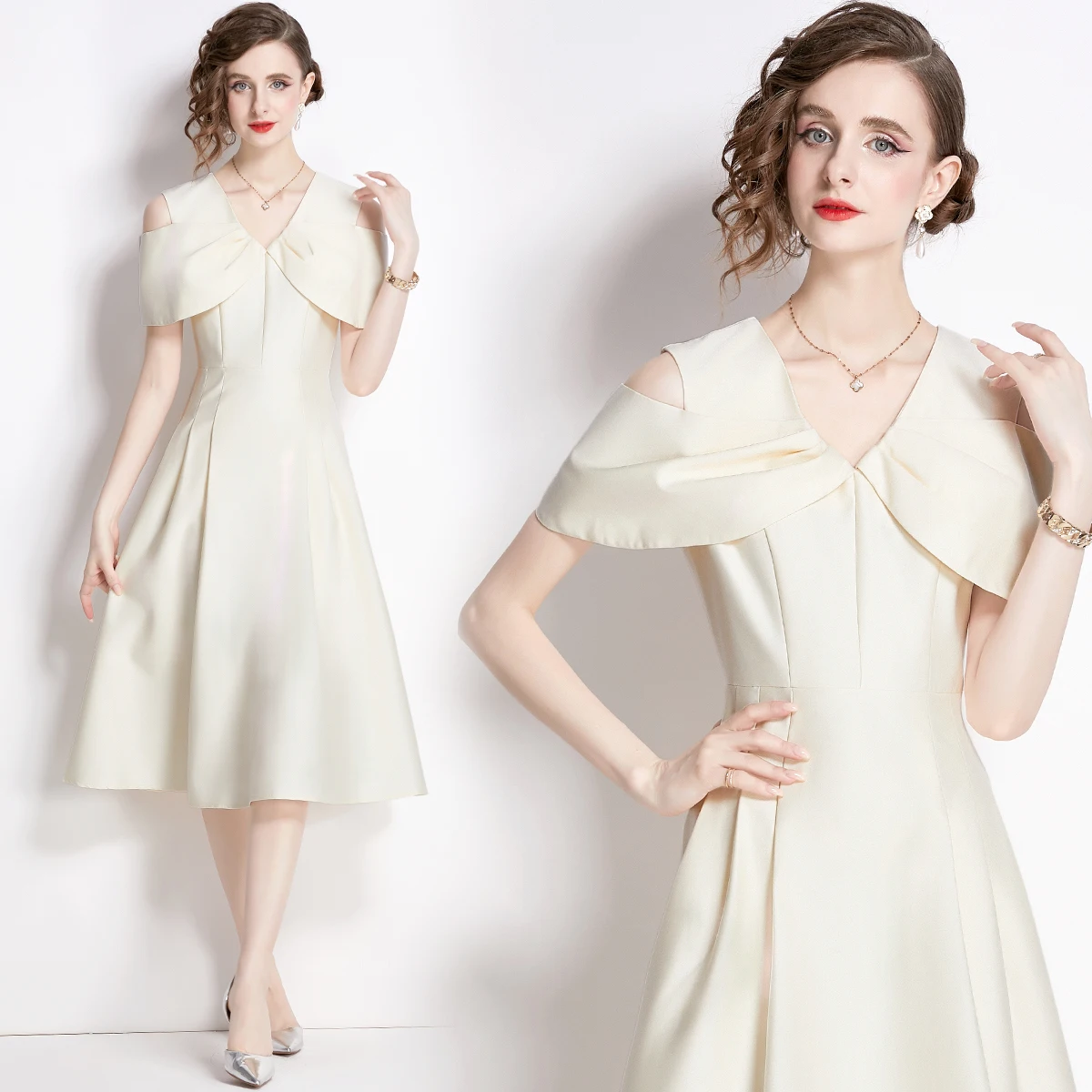 Luxury Advanced High Quality Solid Color Slim Mid-length Short-sleeved Big Swing Dress Beige Party Skirt