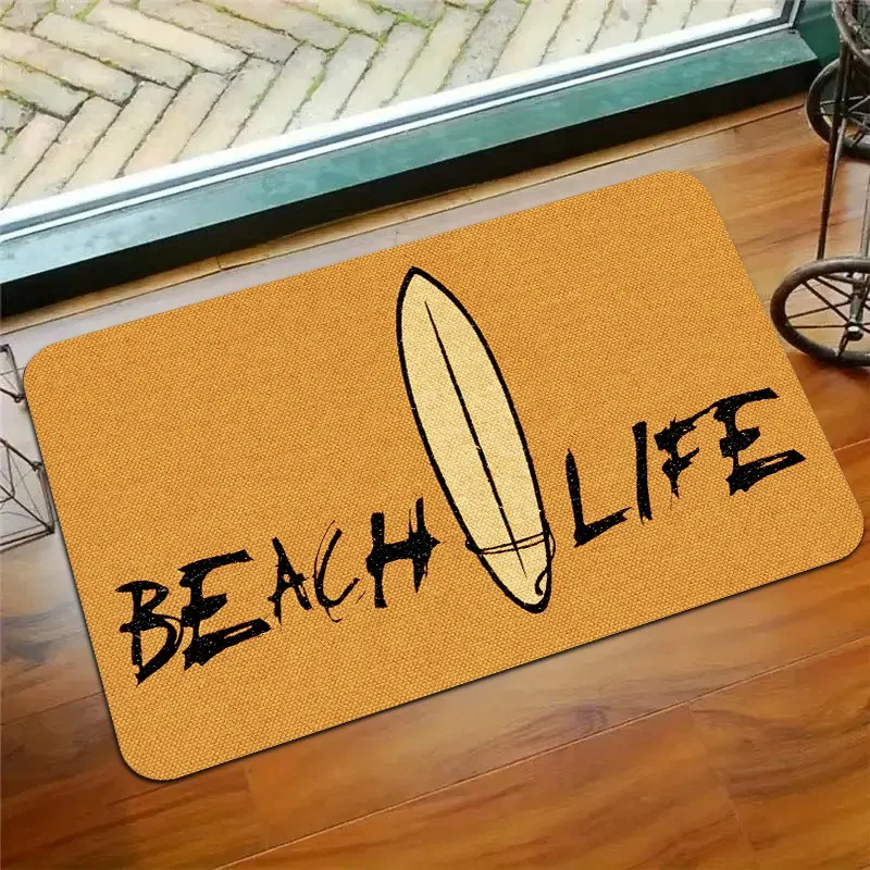 Coastal Surf Graphic Style Linen Texture Beach Life Surfboard Hand Letter Print Non Slip Patio Front Entrance Floor Doormat