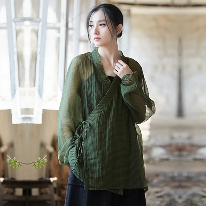 Women Loose Shirt Summer Autumn r Retro Casual Flax Tops Ladies Vintage Blouse Tops Outer Garment Woman Jacket