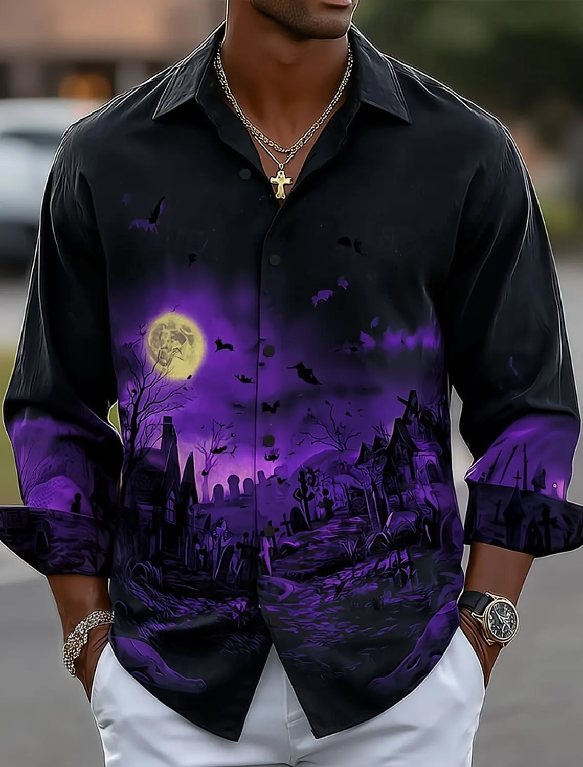 

Men's Bat Cemetery Moonlight Shirt Button Up Shirt Long Sleeve Dark Gothic Style Streetwear Turndown 3D Print Collared Shirts