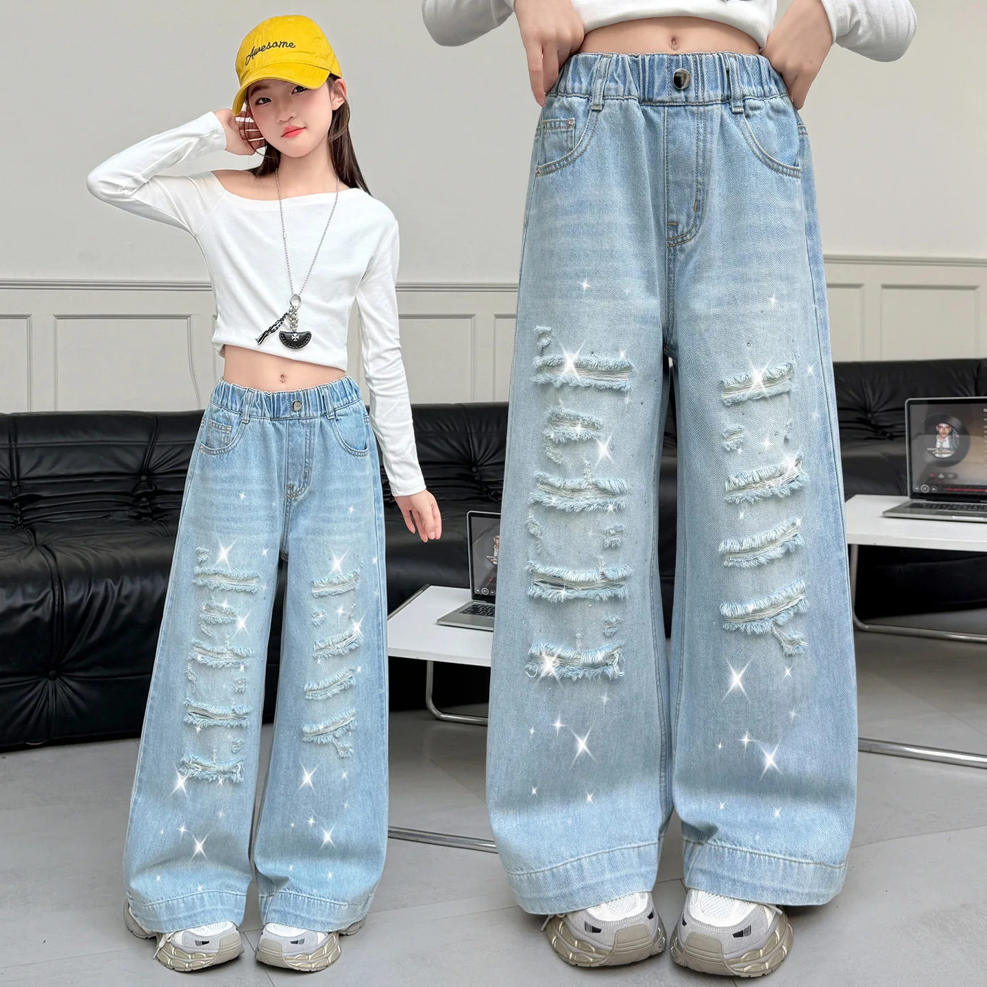 Girls Cowgirl Ripped Jeans With Hole Kids Casual Style Destroyed Denim Pants Spring Summer Child High Street Clothes 5-14 Years