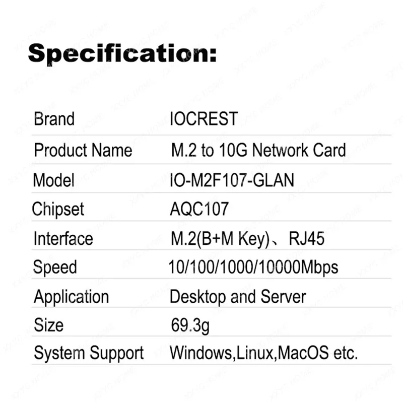 IOCREST 10000M Ethernet Card AQC107 Chip M.2 To Single Port 10 Gbase Ethernet Gigabit Nic B Key M Key 10G/2.5G/1000M