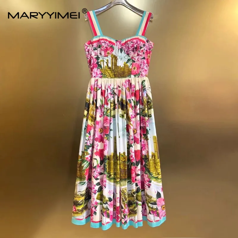 MARYYIMEI Fashion Design Women\'s Dress Square-Neck Spaghetti Strap Backless High waist Slim Print Pleated Cotton Dresses