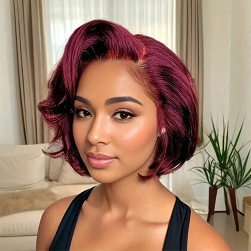 

Pixie Cut Lace Front Human Hair Wigs 13x4 Lace Frontal Wigs Elegent Short Straight Bob Wigs For Black Women 150% Density 99J