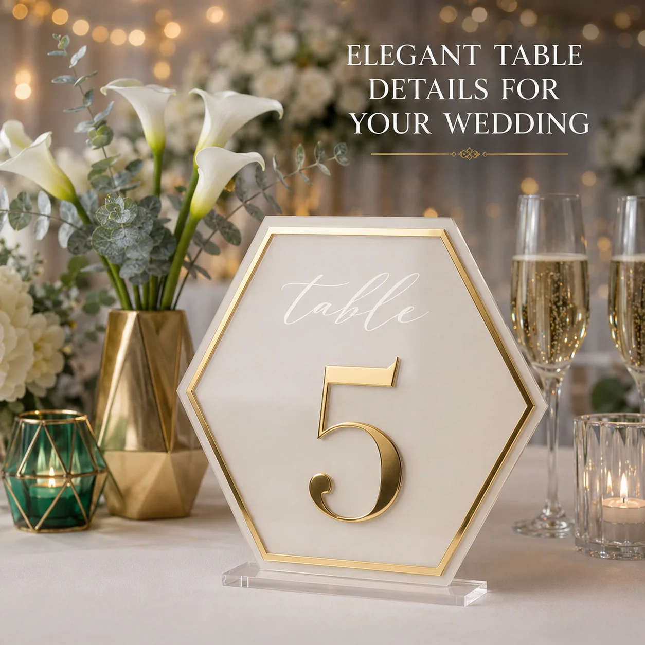 Custom Hexagon Wedding Table Numbers Acrylic Gold Table Number Sign Fashion Modern Wedding Decor Elegant Reception Table Signage