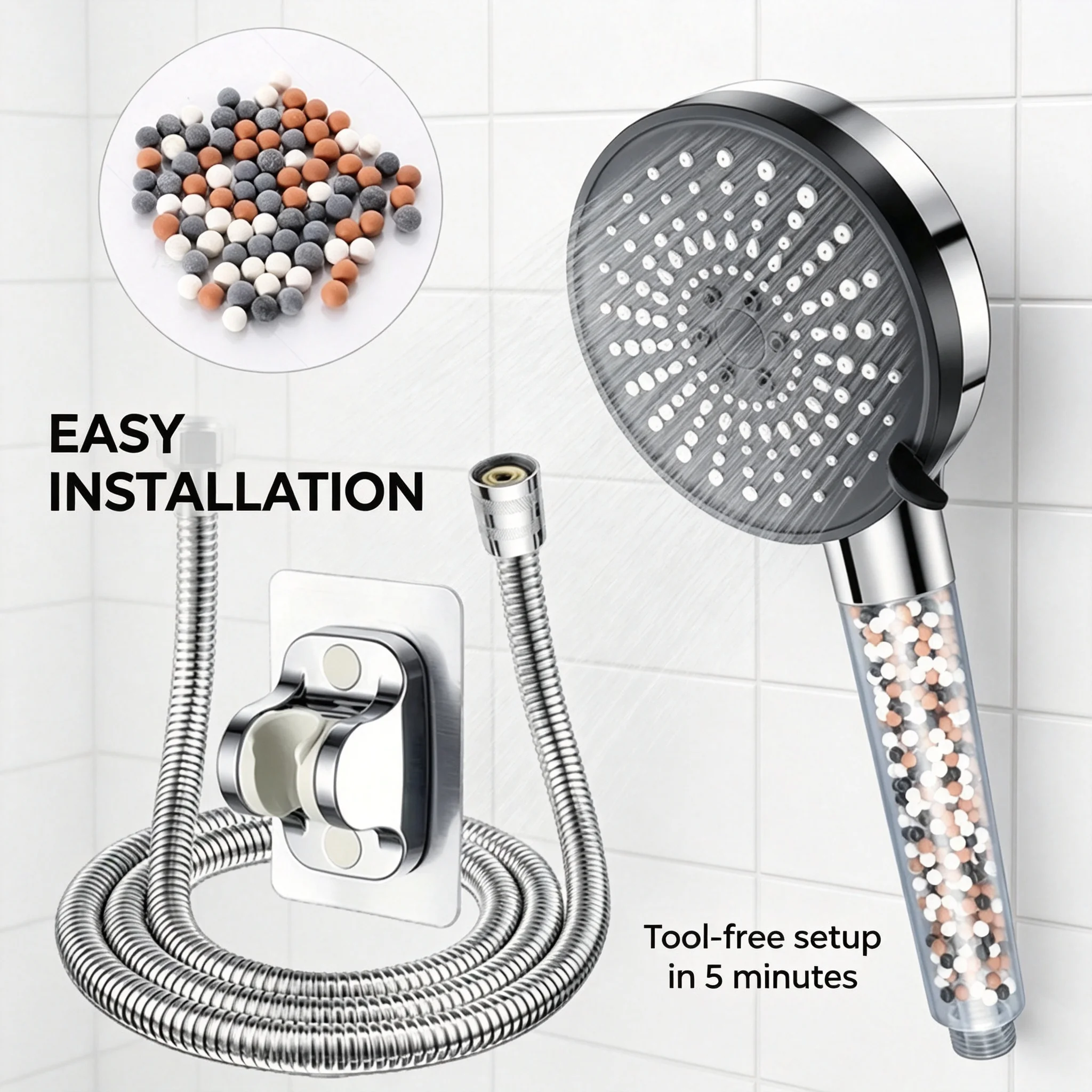 Natural Mineral Beads Shower Head Set with Multi-Mode High Pressure Handheld for Healthy Skin & Hair Care Bathing