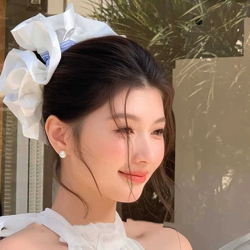 Extra large cream ballet style satin lace large intestine headband with blue stripes hair string Korean sweet hair accessories