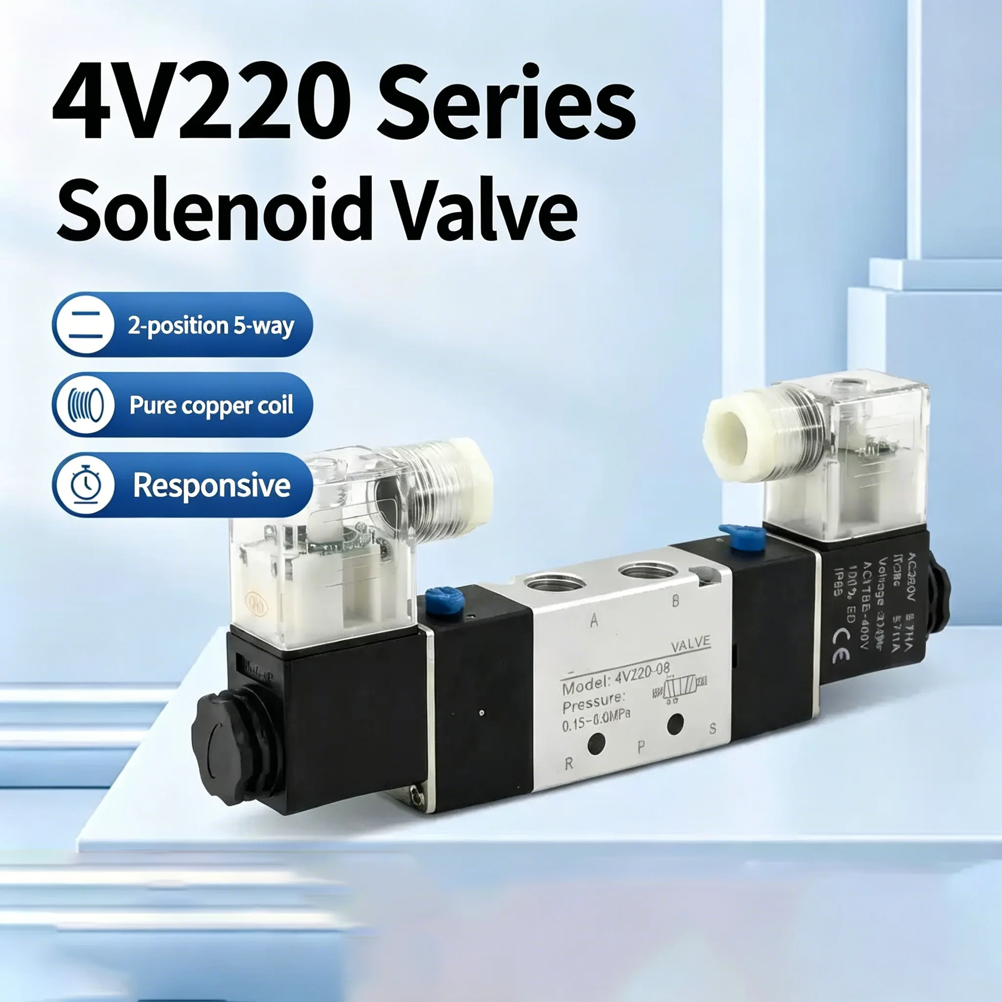 High Quality Solenoid Valve 220V Pneumatic 4V220-08 Air 5 Way 2 Position 1/4&quot Coil Alloy Internal DC 12V  DC 24V AC110V